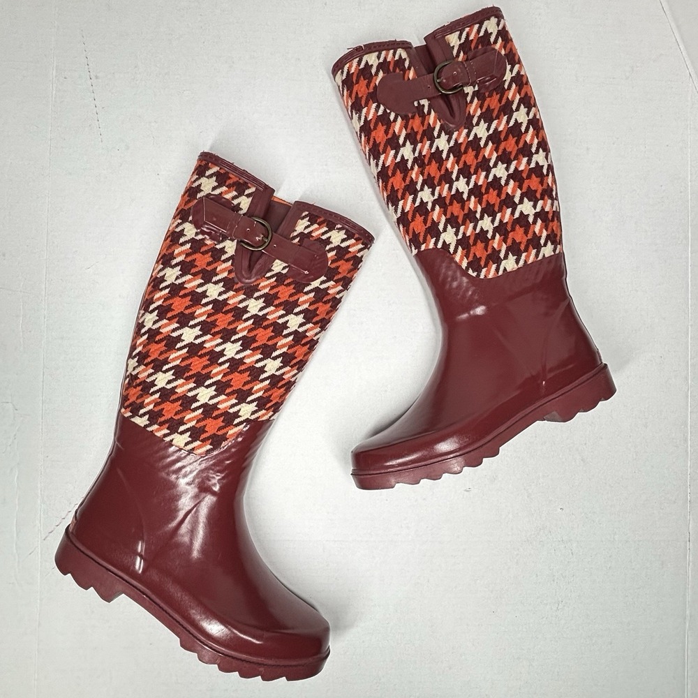 Banana Republic Womens 6 Houndstooth Rain Boots Maroon Orange Tweed Retro 70s